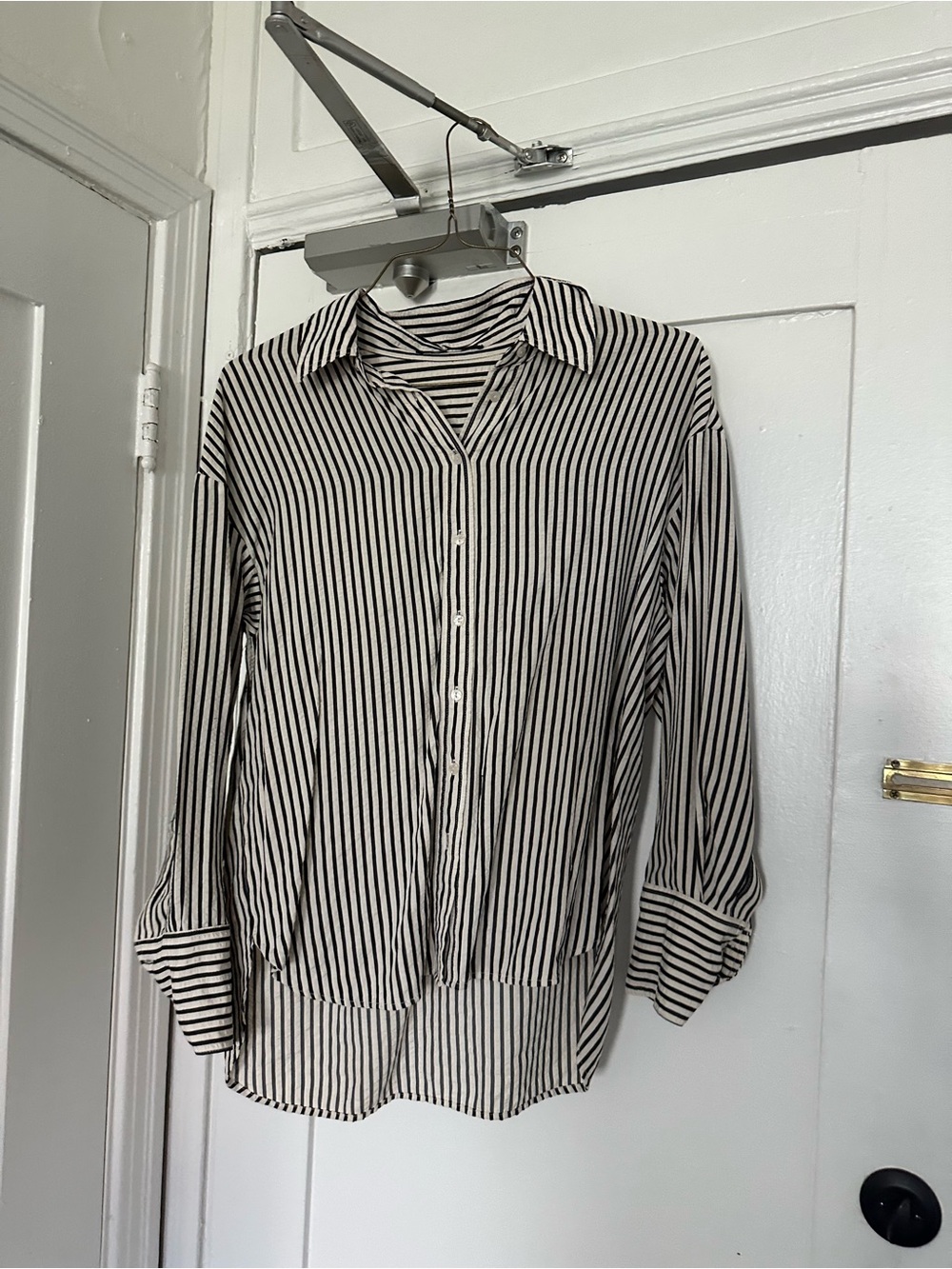 Mango Black and White Vertical Stripe Button-Down Shirt